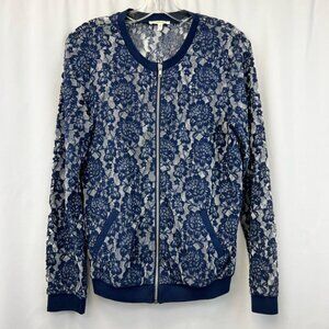 Maurices Lace Bomber Jacket Women's S Blue Floral Full Zip Pockets Band Collar